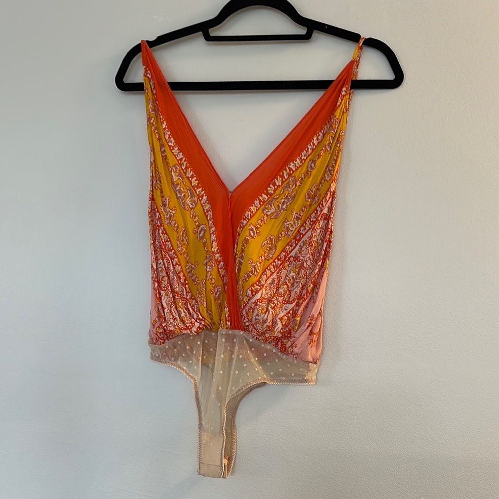 Free People Vibrant Orange and Yellow Bodysuit